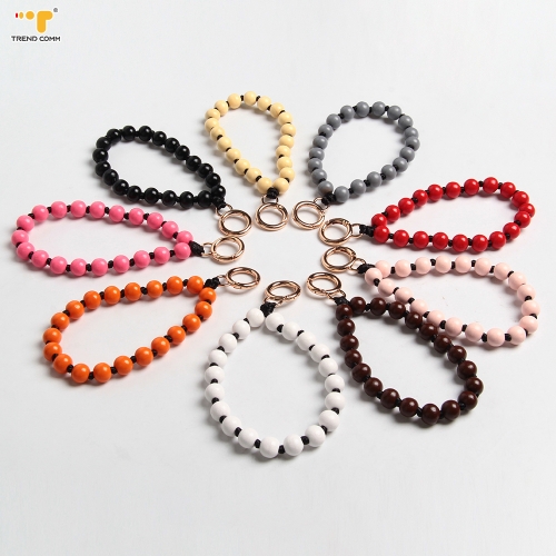 Jewelry plastic wholesale natural wood round big color keychain custom Bracelet Phone Wrist Strap Beaded