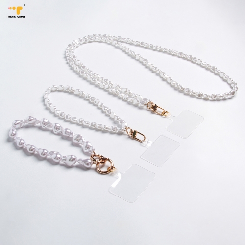 Jewelry trend Luxurious Pearl bracelet lanyard with logo custom polyester neck chain Case Phone Wrist