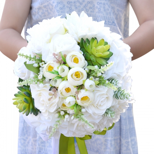 White Rose Wedding Tossing Bouquet with Succulents for Bridal