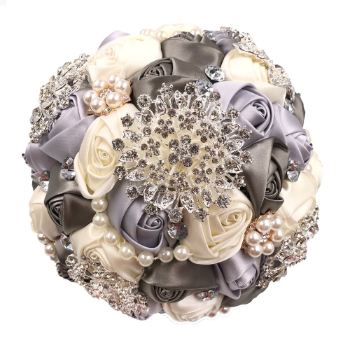 Satin Rose Wedding Bouquet with Sparkle Rhinestone Jewelry