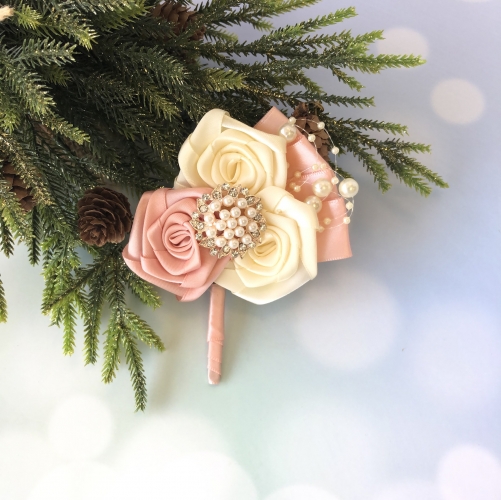 Rose Gold Boutonniere with Rhinestone Pearls Jewelry