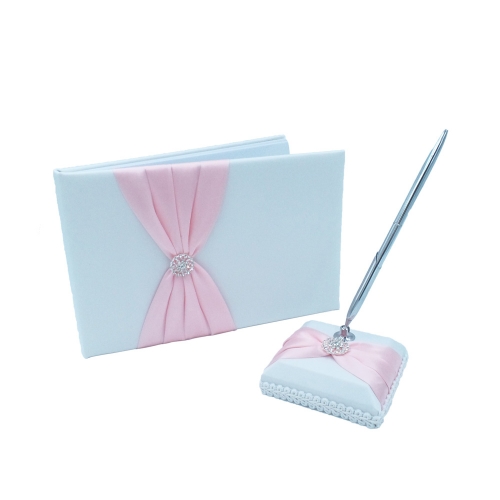 Double Heart Rhinestone Wedding Guest Book and Pen Set Pink