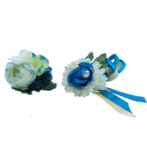 White and Blue Peony Flower Prom Corsage Boutonniere Set