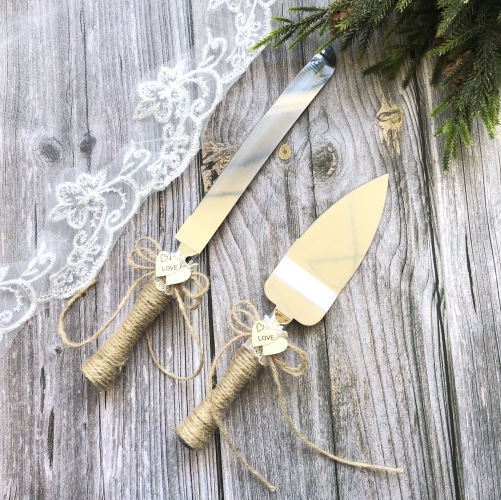 Burlap Twined Wedding Cake Knife & Server Set