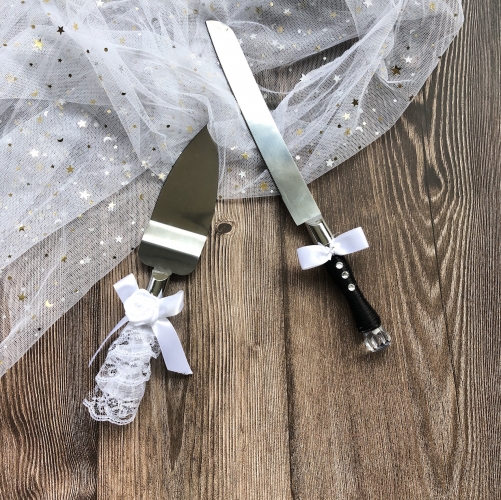 Wedding Anniversary Cake Knife and Server Set - Rhinestone Bow Tie Decor