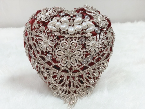 Crystal Jewelry Bouquet Wedding Satin Rose - Advanced Rhinestone Pearl Brooches Wedding Flower (Burgundy)