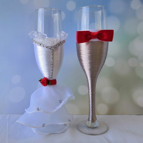 Wedding Champagne Toasting Flute- Rose and Bow Tie Decor