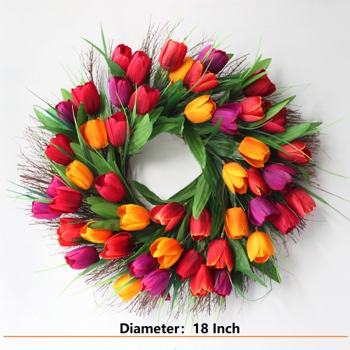 Tulip Wreath in Orange Red Plum with Green Leaf Grapevine Floral Hanger for Front Door Window Garland European Door Ornament Festival Home Wall Décor