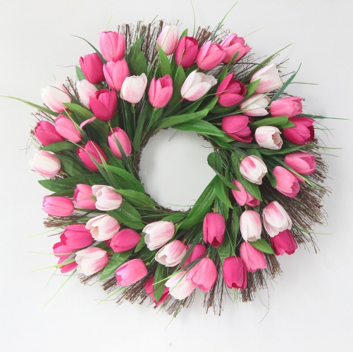 Pink Tulip Wreath with Green Leaf Grapevine Floral Hanger for Front Door Window Garland European Door Ornament Home Wall Décor