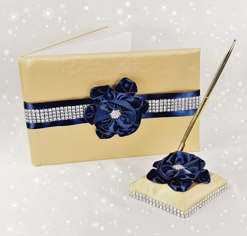 Wedding Guest Book and Pen Set in Gold Satin Cover with Navy Blue Ribbon Flower Rhinestone Decor Luxury Satin Collection Party Favor Set(Navy Blue+Gol