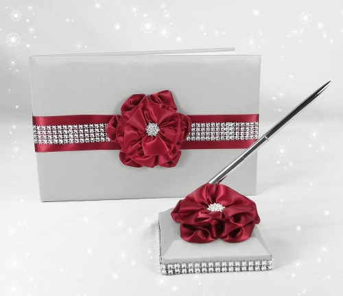 Wedding Guest Book and Pen Set in Silver Satin Cover with Burgundy Ribbon Flower Rhinestone Decor Party Favor Set Luxurious Satin Collection Favor Set