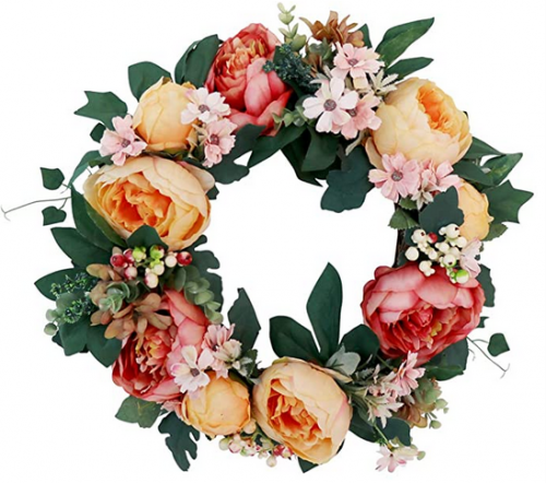 Artificial Peony Wreath - 16" Handmade Floral Daisy Wreath Garland with Green Leaves for Wall Home Wedding Party Door Decor (Champagne Blush Pink)