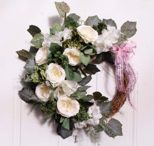 18” Rose Wreath Artificial Flower Blossom Garland Floral Wreaths for Front Door Wall Wedding Party Home Decor (White)