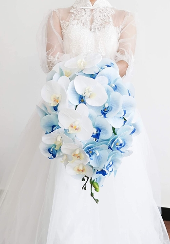 Blue Phalaenopsis Orchid Cascading Bridal Bouquet Waterfall Wedding Flower with Satin Ribbon Decor Wedding Ceremony Anniversary, Bridal Shower and Fre