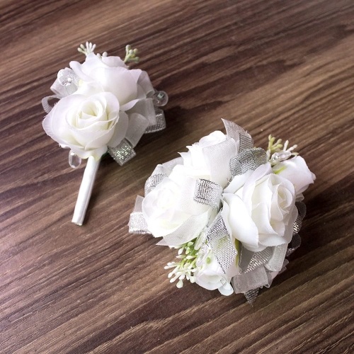 White Rose Flower Wrist Corsage Boutonniere Set Bridesmaid Wrist Corsage Bracelet & Groom and Best Man Boutonniere for Wedding Flowers Accessories Pro