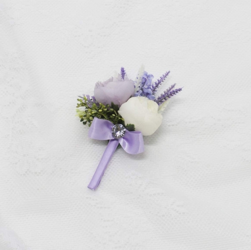 Artificial Wedding Flower White Phalaenopsis Rose Bouquet, Lavender Satin Ribbon Rhinestone Handle Decor (Boutonniere)