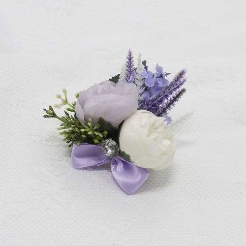 Artificial Wedding Flower White Phalaenopsis Rose Bouquet, Lavender Satin Ribbon Rhinestone Handle Decor (Wrist Corsage)