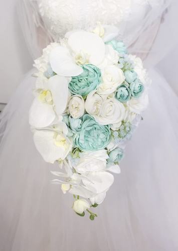 Mint Green & White Artificial Phalaenopsis Cascading Bride Bouquets - Teardrops Wedding Flower with Satin Ribbon Rhinestone Decor for Wedding P