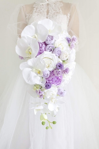 12 Inches Wedding Cascading Bride Bouquets-Artificial Wedding Flower White Phalaenopsis Rose Bouquet, Lavender Satin Ribbon Rhinestone Handle D