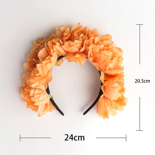 Mexican Flower Crown Headband Day of the Dead Chrysanthemum Rose Flower Headpiece Halloween Party Costume Dia de Los Muertos Floral Headpiece (Orange)