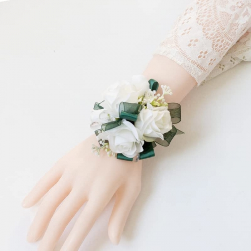Creamy White Rose Flower Wrist Corsage Boutonniere Set Bridesmaid Wrist Corsage Bracelet & Groom and Best Man Boutonniere for Wedding Flowers Accessor