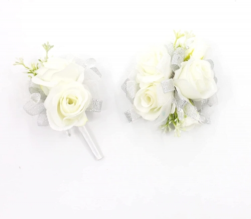 White Rose Flower Wrist Corsage Boutonniere Set Bridesmaid Wrist Corsage Bracelet & Groom and Best Man Boutonniere for Wedding Flowers Accessories Pro