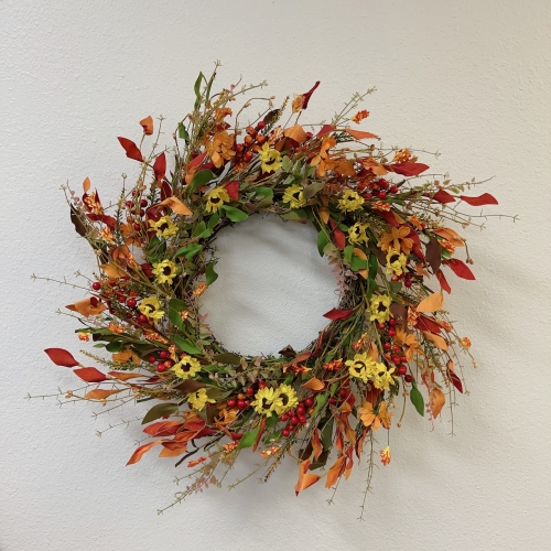 26 Inches Fall Front Door Wreath, Artificial Floral Wreath with Colorful Daisies and Autumn Foliage Fall Orange Wreath for Front Door Wall Window and