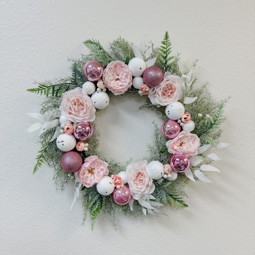 22 Inches Pink Xmas Ball Wreath with Pink Balls Ornaments and Blush Rose for Front Door Window Holiday Seasonal Home Decoration