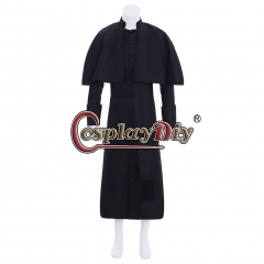 Cosplaydiy Roman Black Priest Cassock Robe Gown Clergyman Vestments Medieval Ritual Robe Gothic Wizard Costume Black Priest Robe cosplay