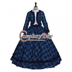 Victorian Civil War Ball Gown 1860S Blue Scottish Plaid Dress Christmas Party Costume Women's Vintage Dresses
