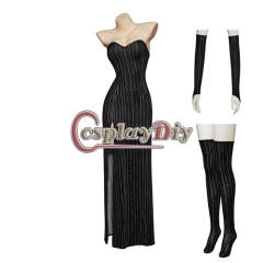 Skullgirls Cosplay Costume Women Sexy Slim Slit Striped Dress Halloween Carnival Party Strapless Evening Gown