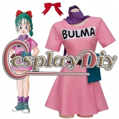 Bulma Cosplay Costume Pink Dress Headwear Purple Scarf Belt Bag Full Set for Women's Halloween Cosplay Costume