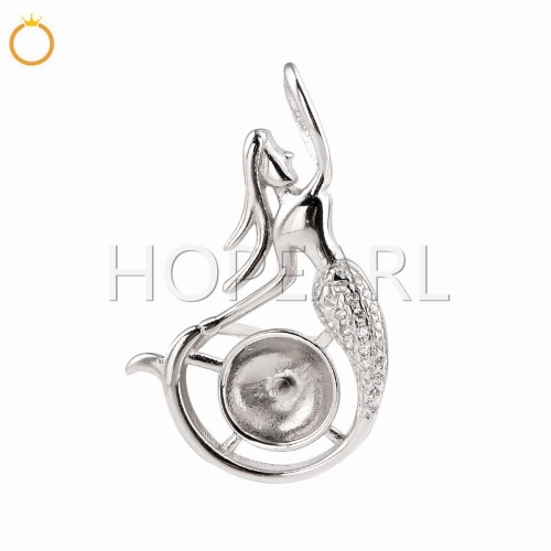 SSP212 Pretty Mermaid Designs Pendant Findings 925 Silver Zircon Pearl Mount