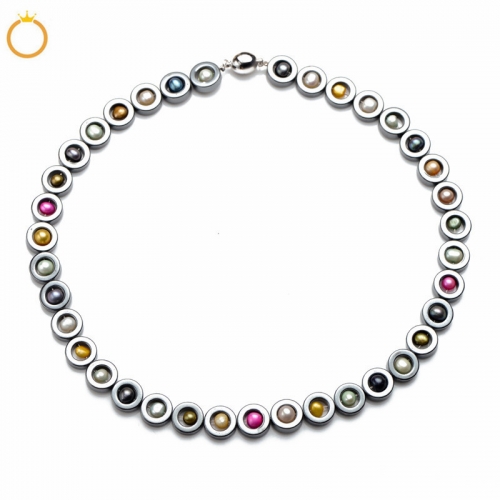 FPN270 Multicolor Freshwater Pearls Necklace Black Hematite Beaded 18 Inch