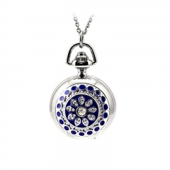 WAH157 Blue Flower Watch Mirror Jewelry Long Sliver Chain Necklace Pocket Watch