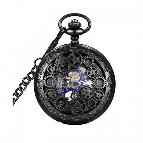 WAH855 Steampunk Blue Mechanical Skeleton Wheel Gear Pocket Watch