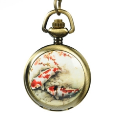 WAH72 Small Pocket Watch Retro Bronze Japanese Carpe Pattern