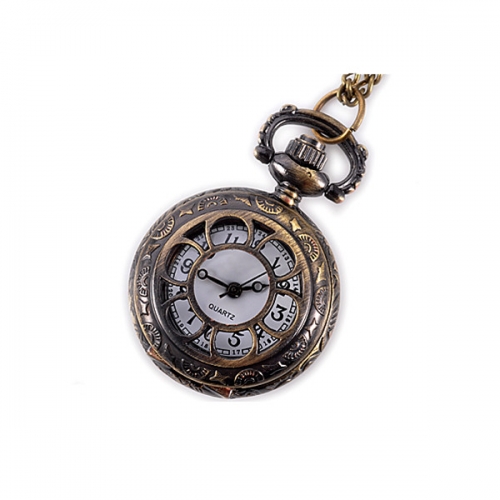WAH151 Antique Bronze Skeleton Small Pocket Watch Quartz Necklace