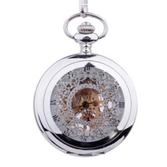 WAH182 Silver Skeleton Hollow Cover Mechanical Pocket Watch