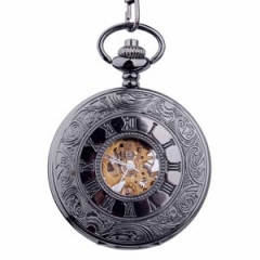 WAH176 Antique Black Engraved Case Mechanical Roman Numeral Pocket Watch
