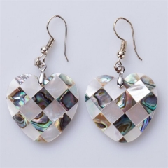 MOP76 Paua Shell and White Shell Plaid Heart Dangle Earrings