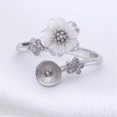 SSR92 Natural White Carved Shell Flower 925 Silver Pearl Ring Mounting