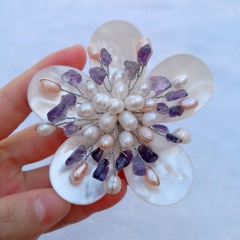 BRH37 Amethyst and Freshwater Pearl Natural White Shell Handmade Flower Brooch