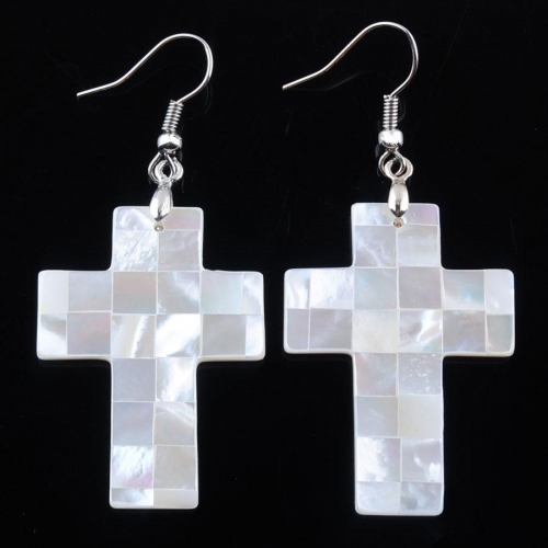 MOP87 Cross Mother of Pearl Ivory White Shell Dangle Earrings