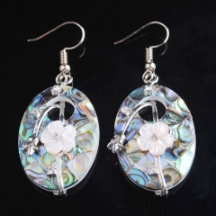 MOP37 Oval Paua Abalone Shell White Flower Bohemian Earrings Beach Wedding Jewelry