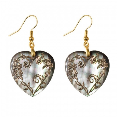 MOP113 Dangle Heart Earrings Natural Black Shell with Gold Foil