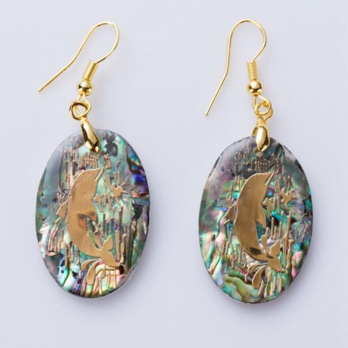 MOP112 Dolphin Dangle Earring Paua Abalone Shell with Gold Foil