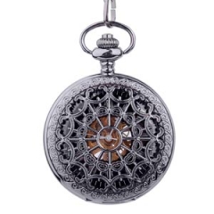 WAH174 Steampunk Hollow Black Mechanical Skeleton Pocket Watches