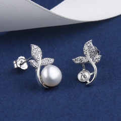SSE101 Leaves Stud Earrings 925 Silver Zircon Pearl Mounts