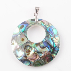 MOP60 Plaid Mosaic Checkered Round Shaped Abalone Shell Bohemian Pendant